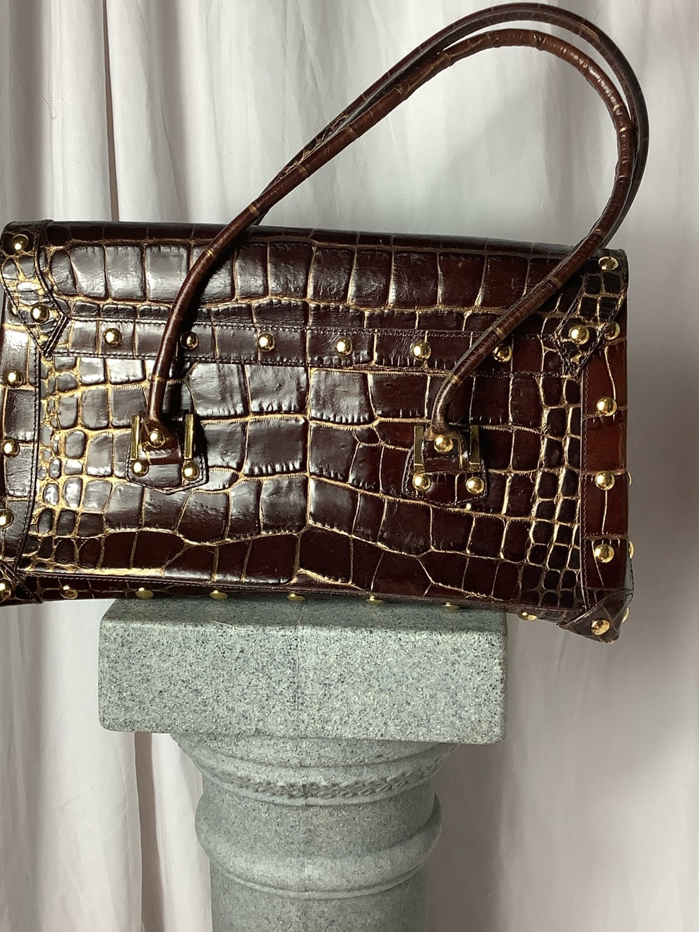 Nordstrom Croc-Embossed Dark Brown Satchel with Gold Hardware - Picture 4 of 8
